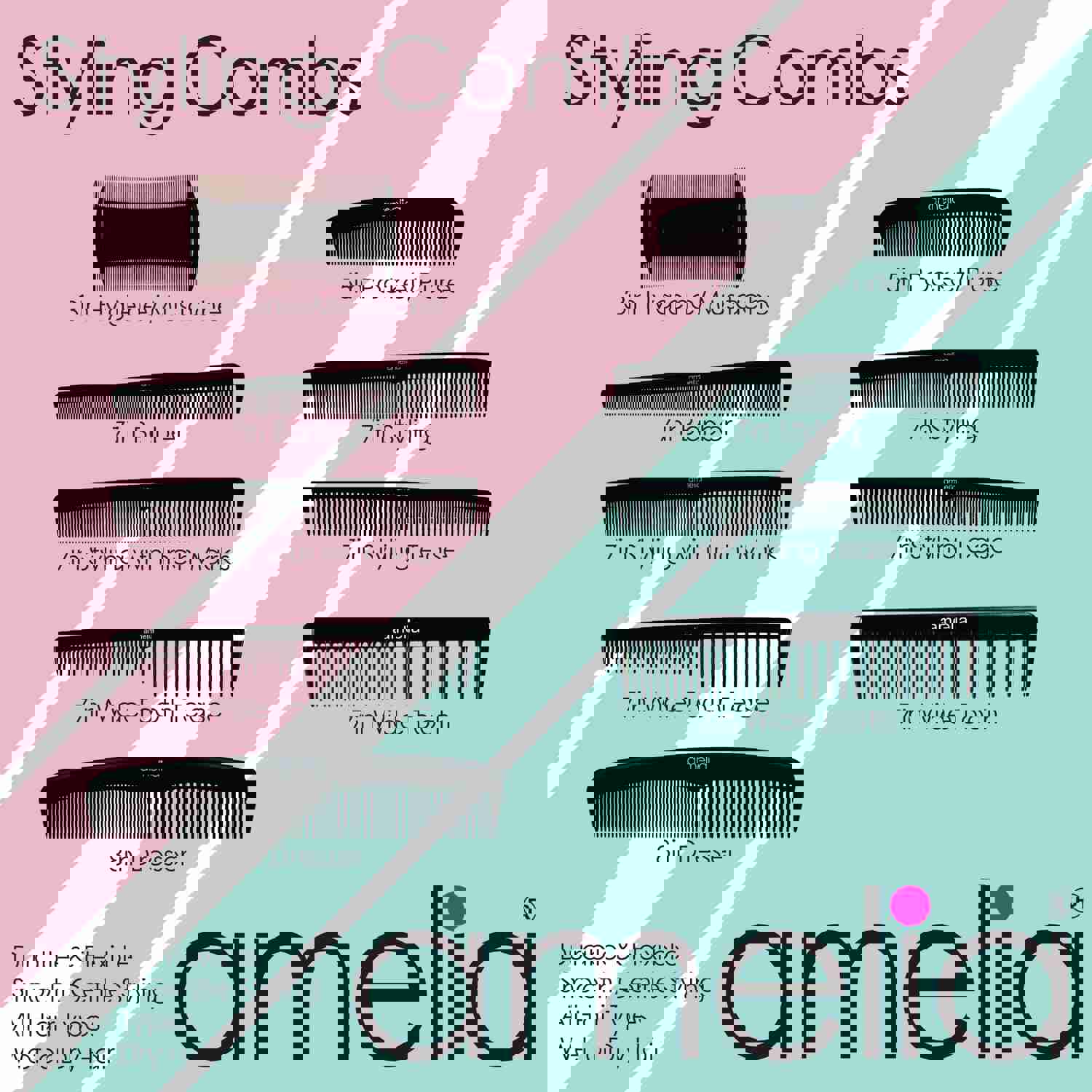 Amelia Beauty 7" Black Plastic Styling Comb, 2-Pack, USA Made, Professional Grade
