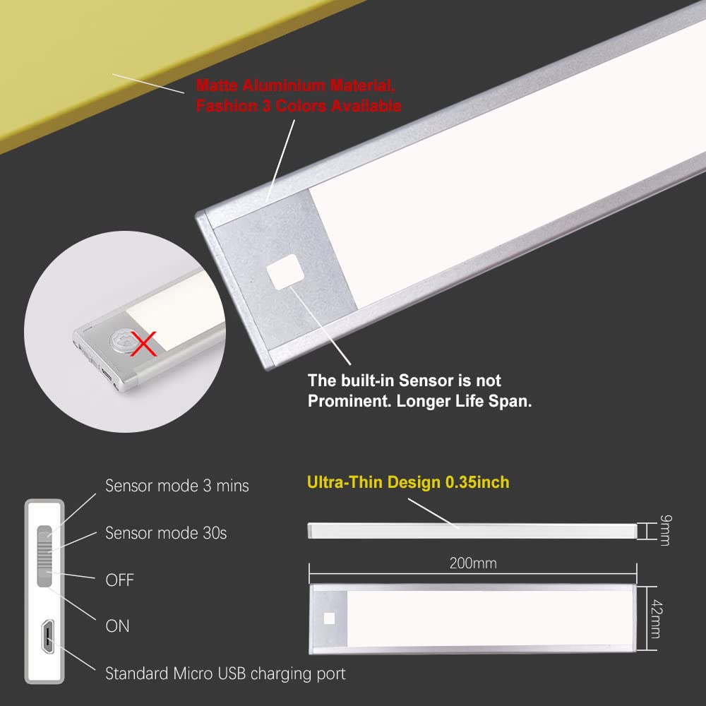 BT09 5V Silver Motion Sensor LED Light, Rechargeable Shelf Light with 1100mAh Battery for Kitchen, Bedroom, and Nursery