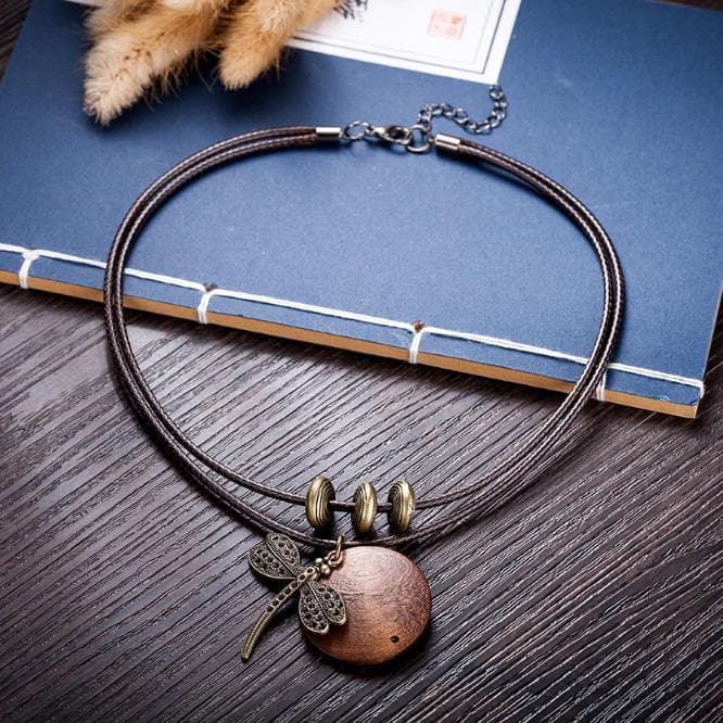 Eco-Chic Dragonfly Wooden Bead Pendant Necklace