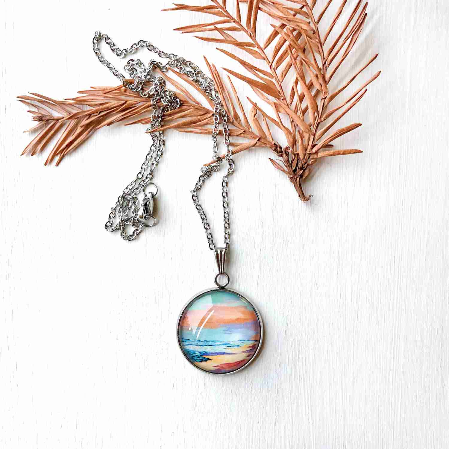 Elegant Seascape Art Glass Dome Necklace