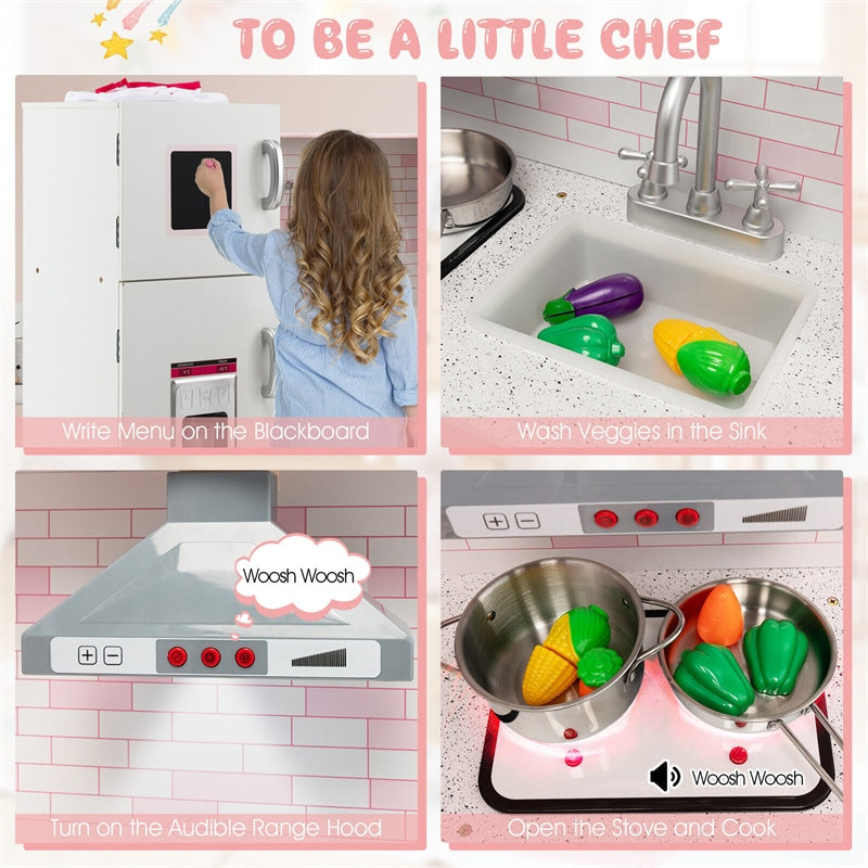 Wooden Corner Kitchen Playset for Kids with Chef Hat, Apron, and Pretend Play Accessories