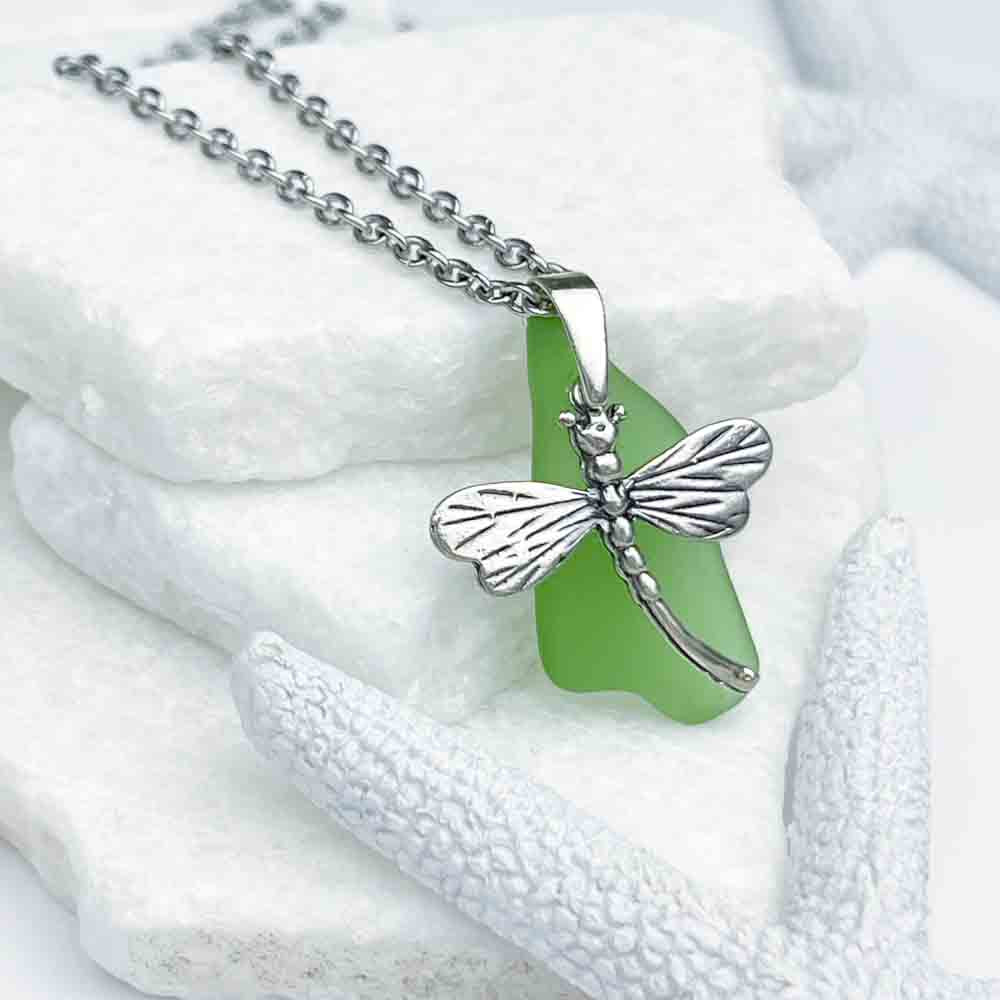 Elegant Kelly Green Sea Glass Pendant with Sterling Silver Dragonfly