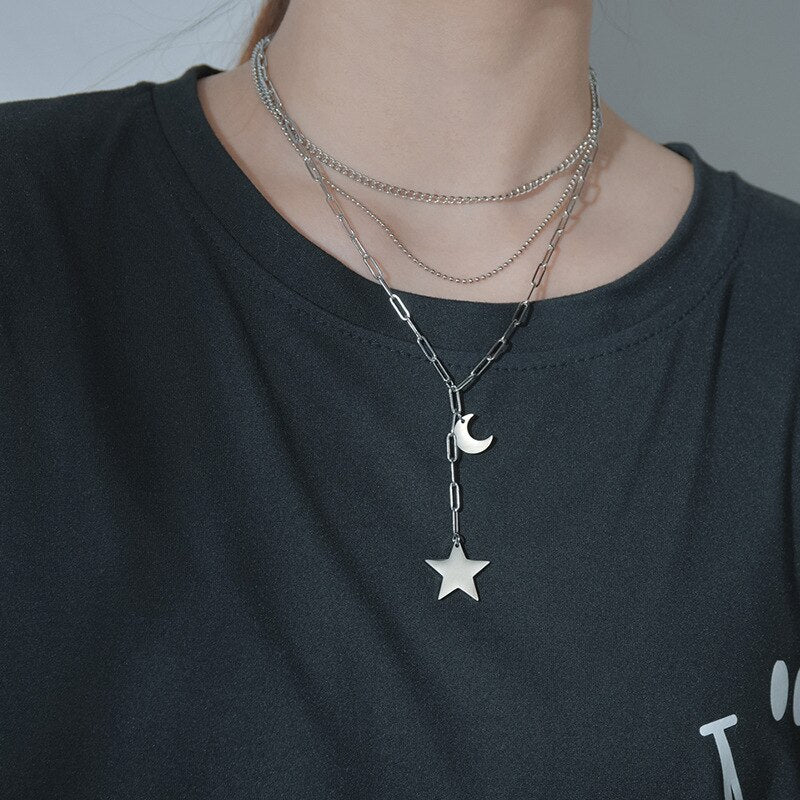 Stylish Women's Stainless Steel Moon & Star Sweater Chain Necklace