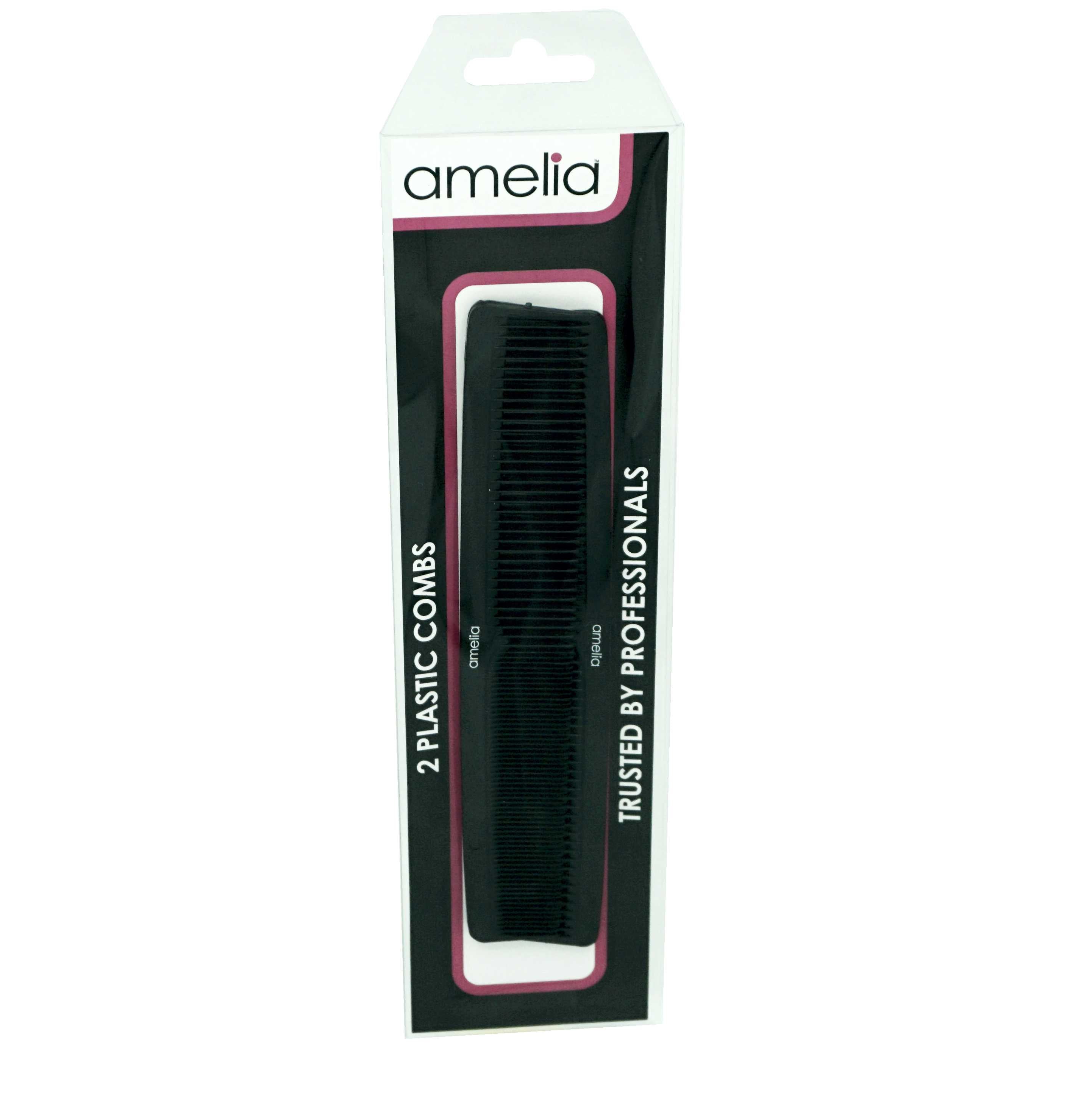 Amelia Beauty 7" Black Plastic Styling Comb, 2-Pack, USA Made, Professional Grade
