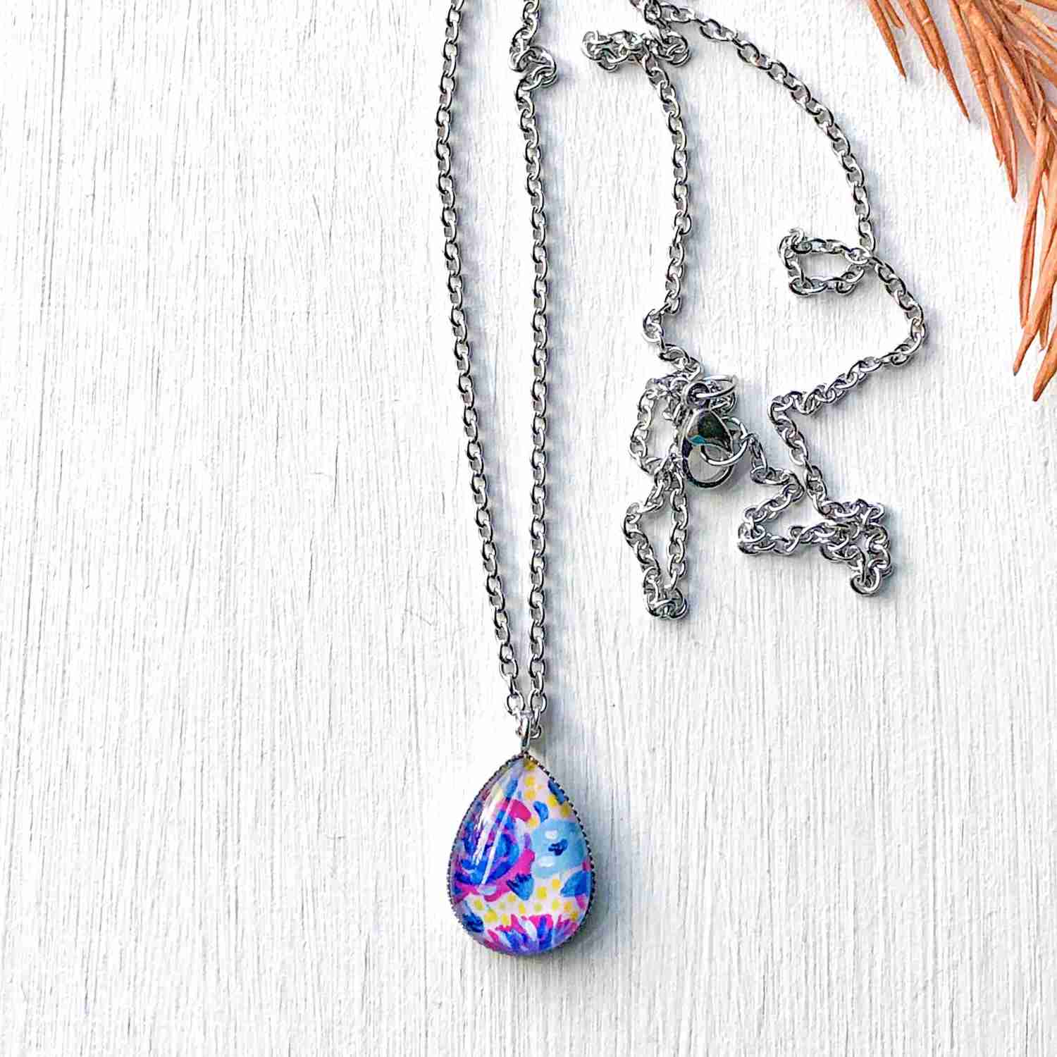 Handcrafted Pink and Blue Floral Glass Dome Pendant Necklace or Set
