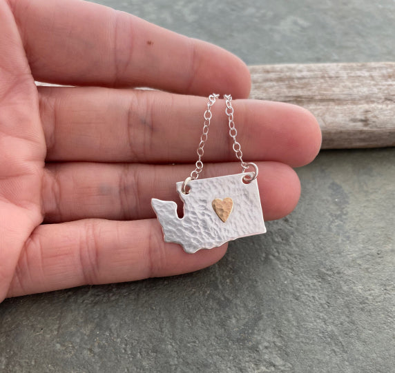 Handcrafted Sterling Silver Washington State Pendant with Bronze Heart