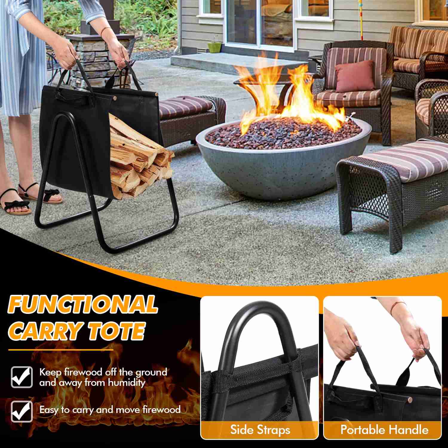 Portable Firewood Carrier and Rack with Canvas Bag