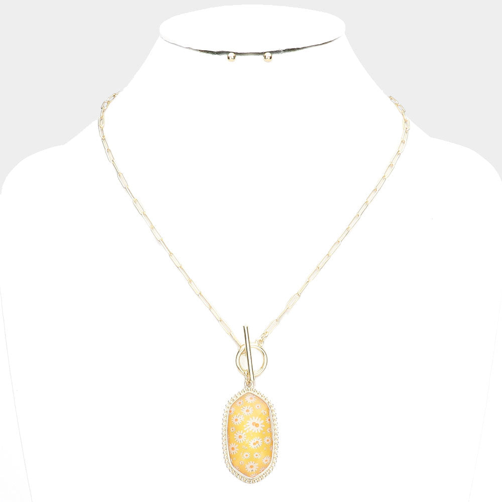 Daisy Flower Hexagon Pendant Necklace