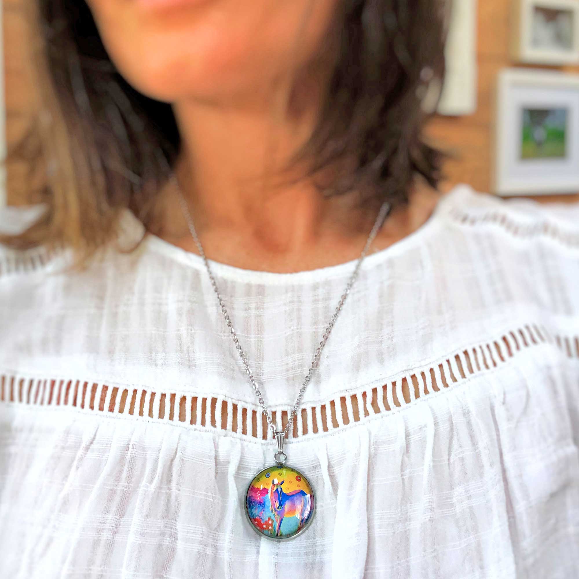 Equine Art Glass Dome Pendant Necklace