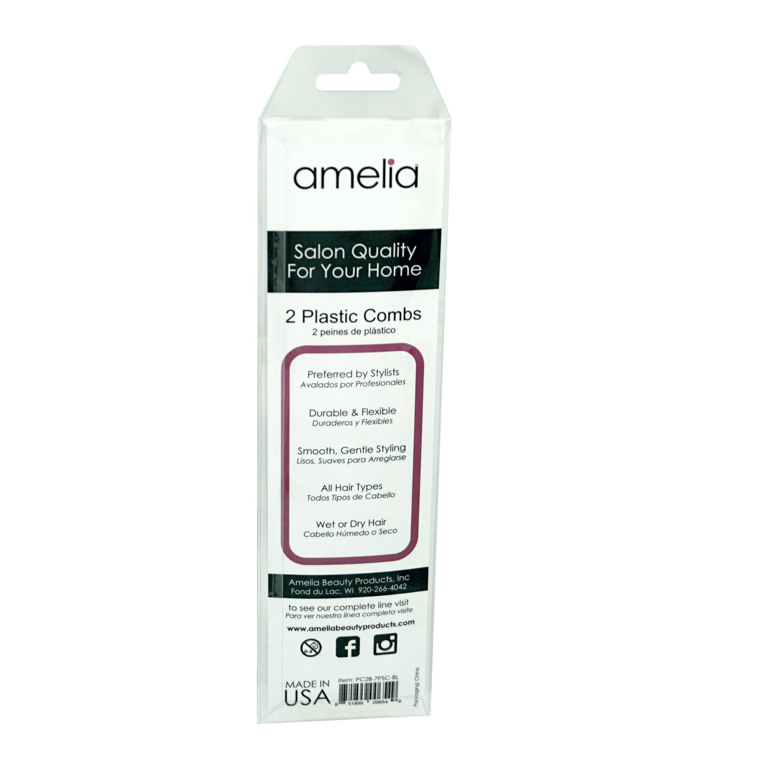 Amelia Beauty 7" Black Plastic Styling Comb, 2-Pack, USA Made, Professional Grade