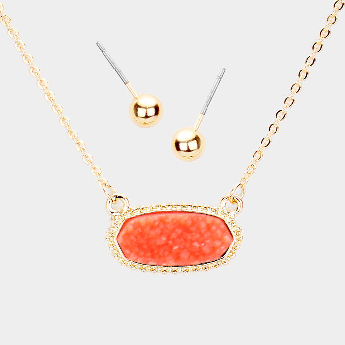 Glittering Druzy Hexagon Pendant Necklace