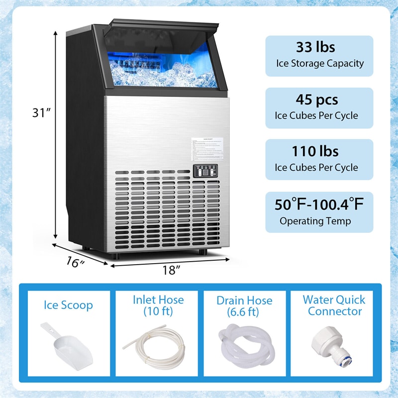 High-Capacity Stainless Steel Ice Maker - 110lbs Daily Output