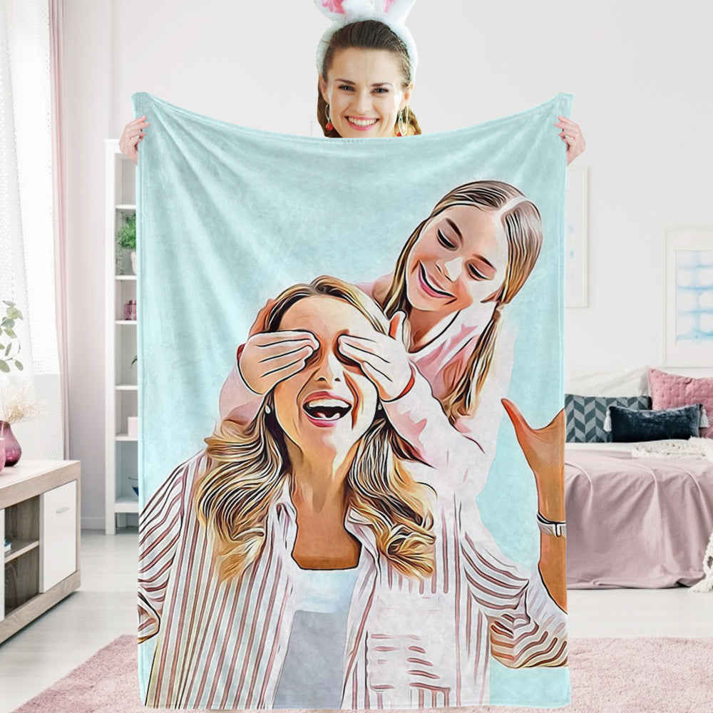 Custom Portrait Photo Blanket - Personalized Art Fleece Throw for Mothers Day