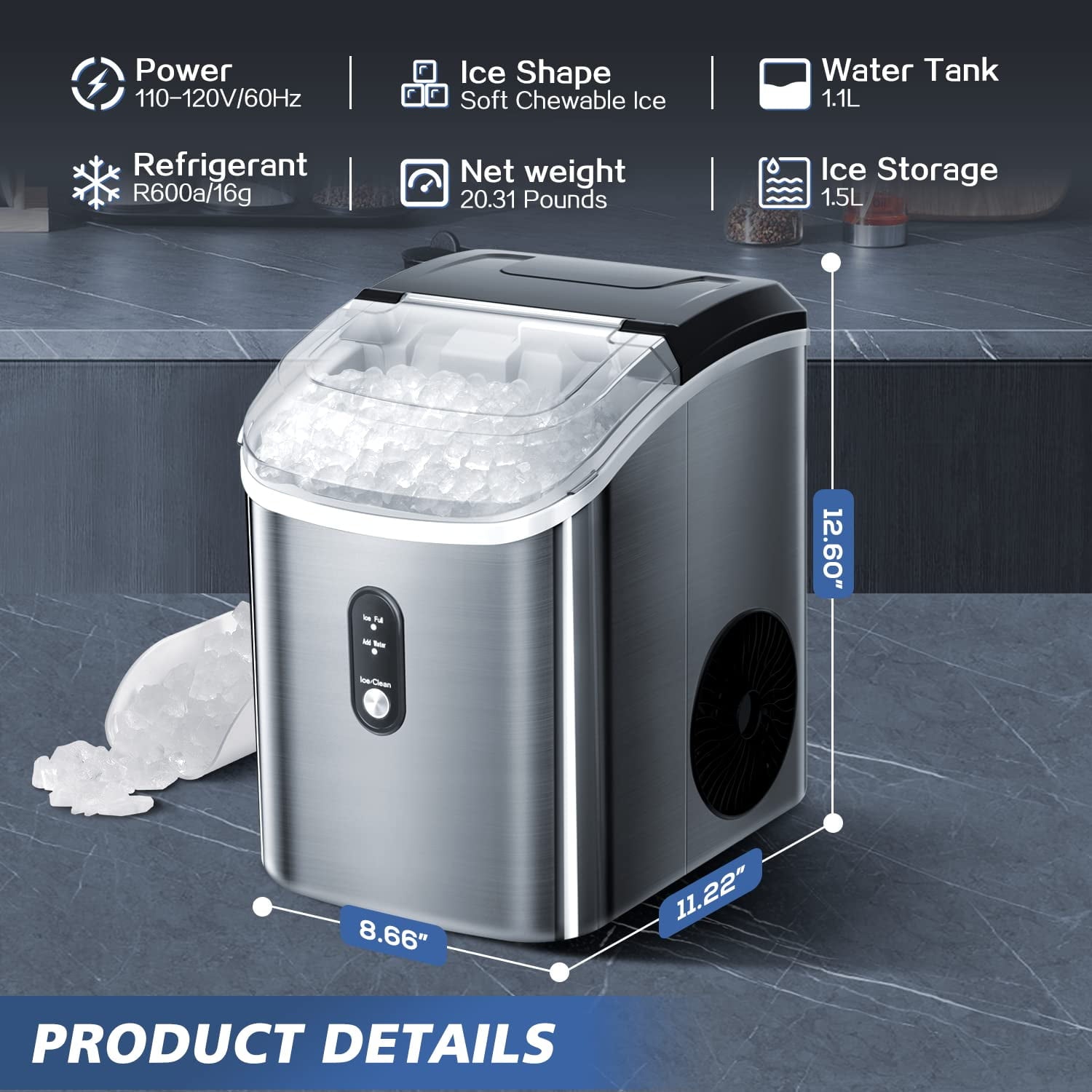 Auseo Nugget Ice Maker, 35lbs/24H, Self-Cleaning, Stainless Steel