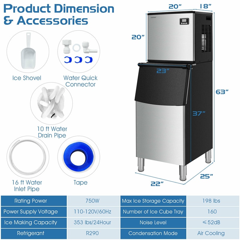 High-Capacity Split Commercial Ice Maker Machine with 198lbs Storage