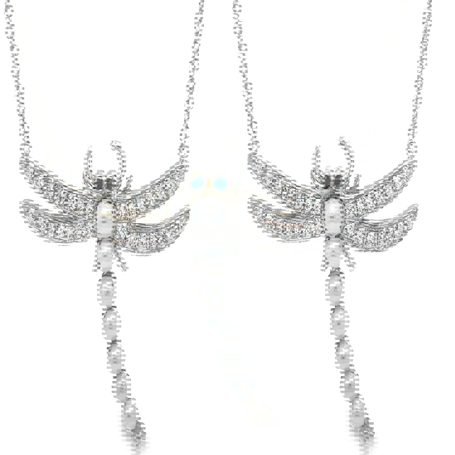 Glamorous Diamond & Pearl Dragonfly Pendant Necklace