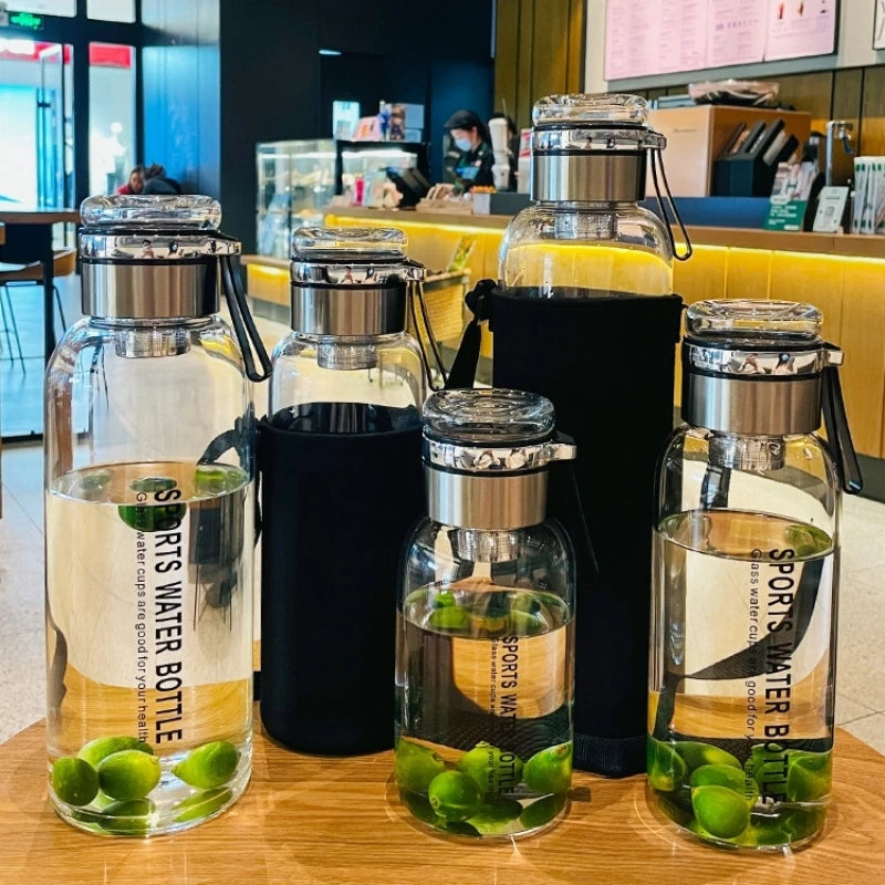 2L Glass Water Bottle with Tea Infuser, Leakproof & Portable for Outdoor Activities