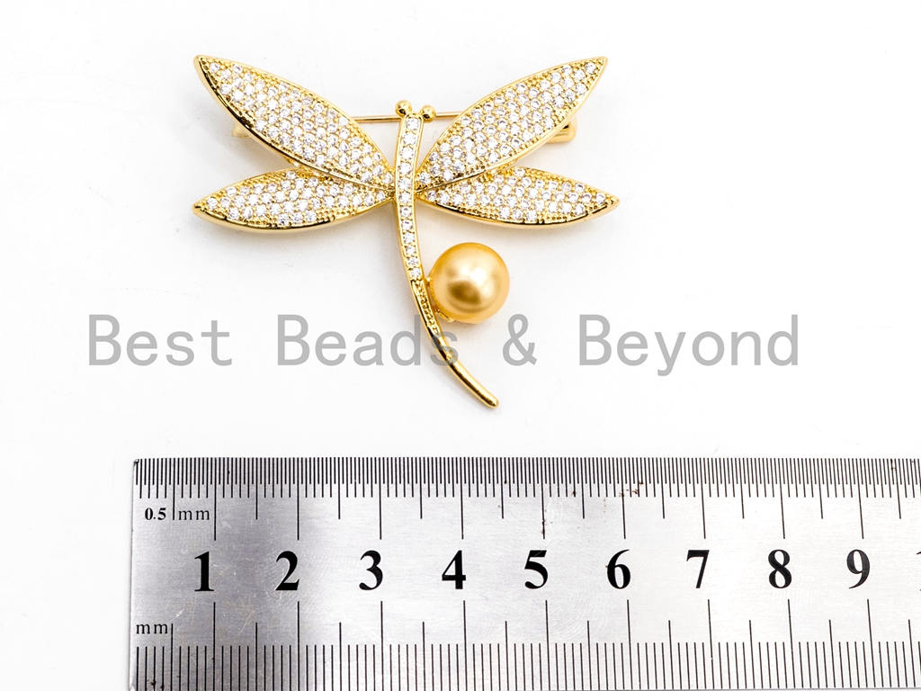 Glamorous Gold-Plated Dragonfly Brooch with 10mm Shell Pearl