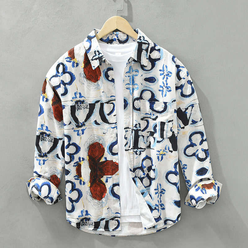 Eco-Friendly Cotton Art Print Long-Sleeved Shirt for Men
