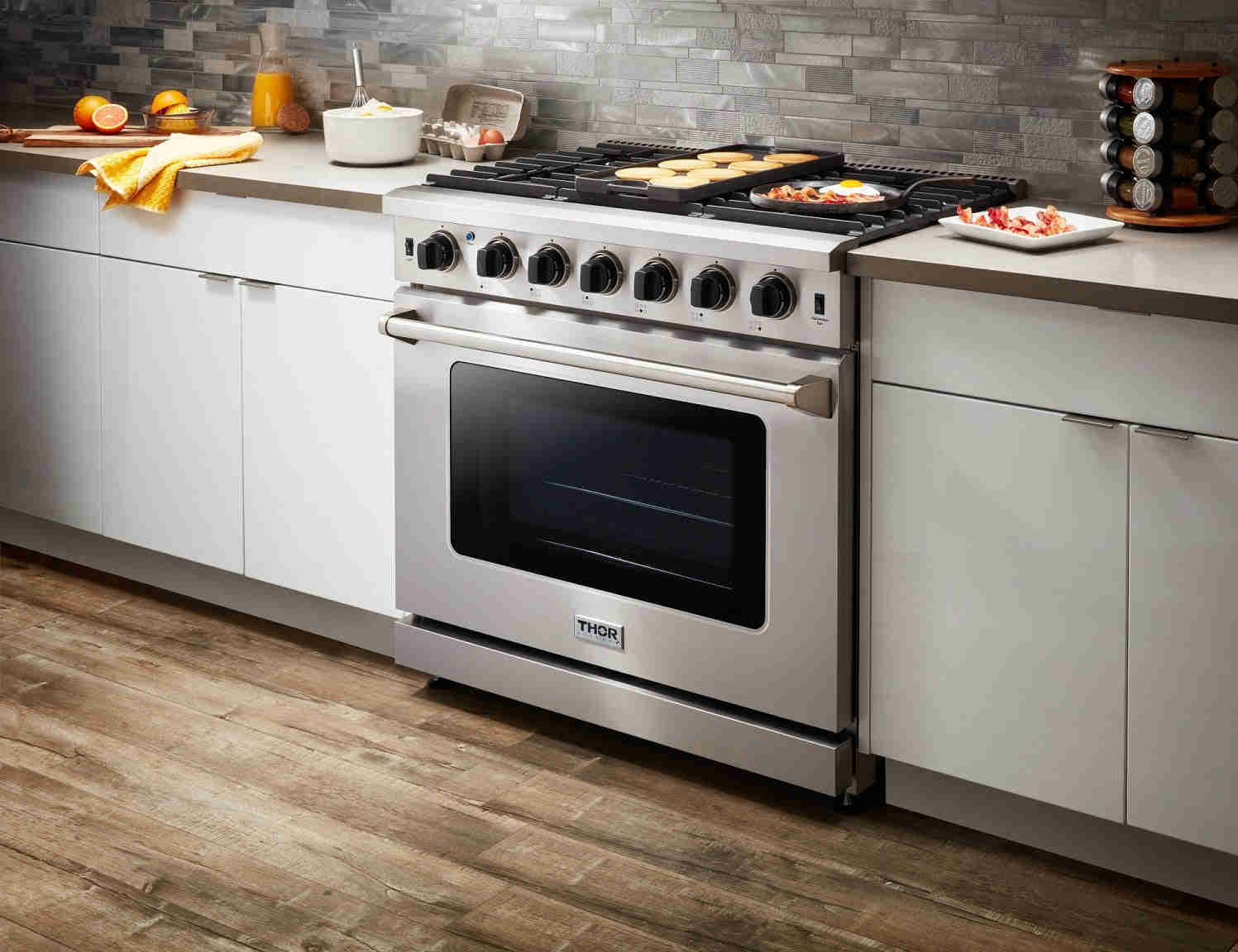 Thor Kitchen 36" Stainless Steel Appliance Package with Range, Hood, Fridge, and More