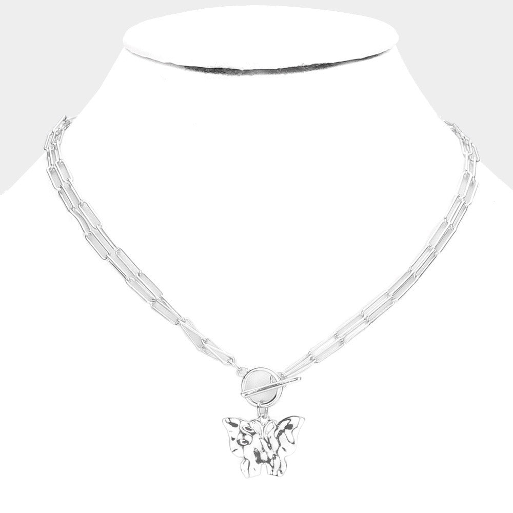 Stylish Hammered Metal Butterfly Pendant Necklace