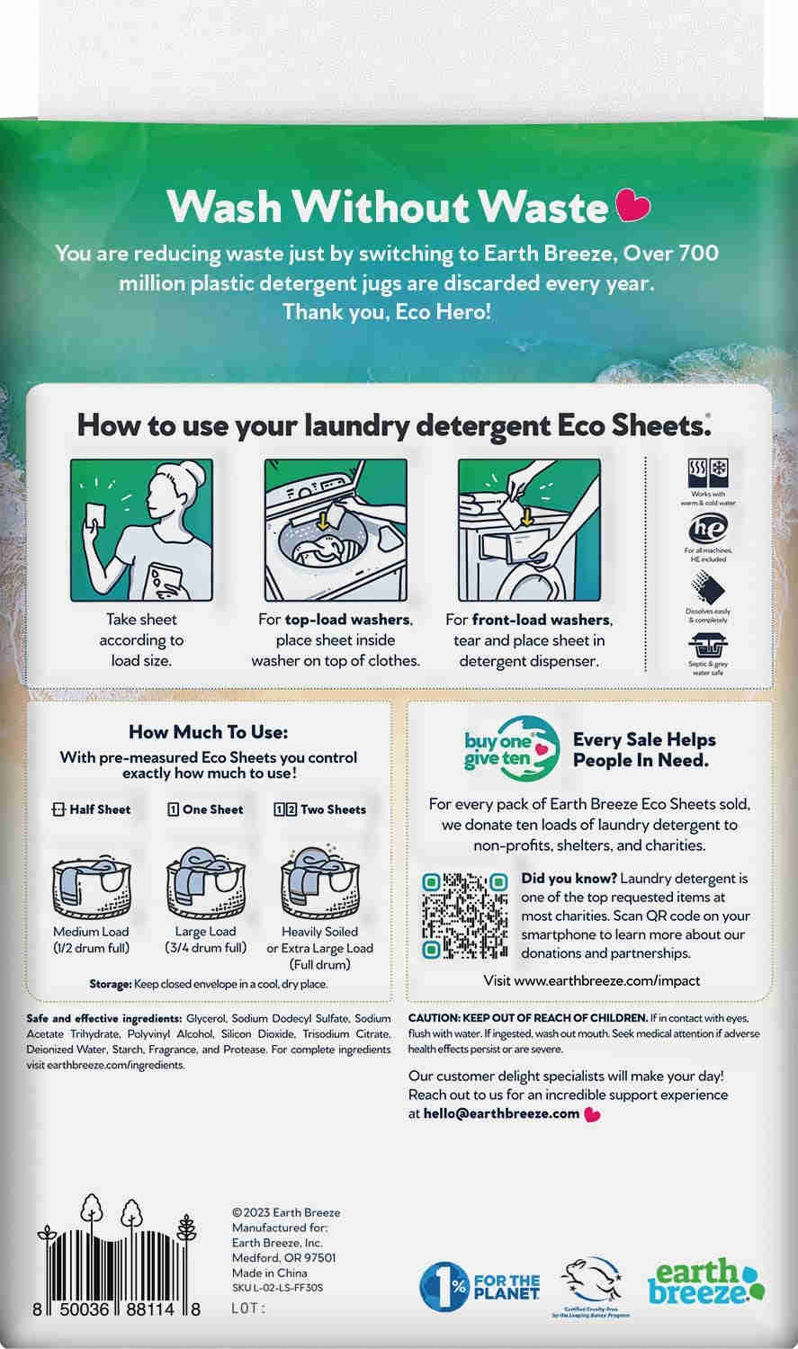 Eco-Friendly Laundry Detergent Sheets - Earth Breeze Scent, 60 Loads