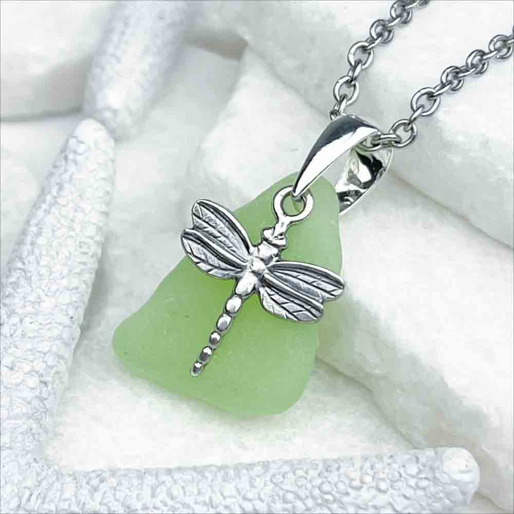 Eco-Friendly UV Sea Glass Dragonfly Pendant | #5289