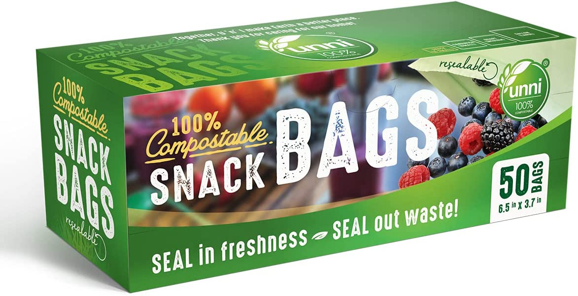 UNNI Eco-Friendly 100% Compostable Snack Bags, 50 Pack, Resealable Food Storage