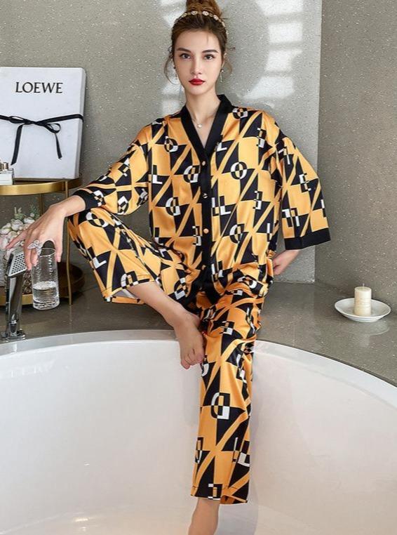 Casual Polyester Sleepwear Set in Yellow