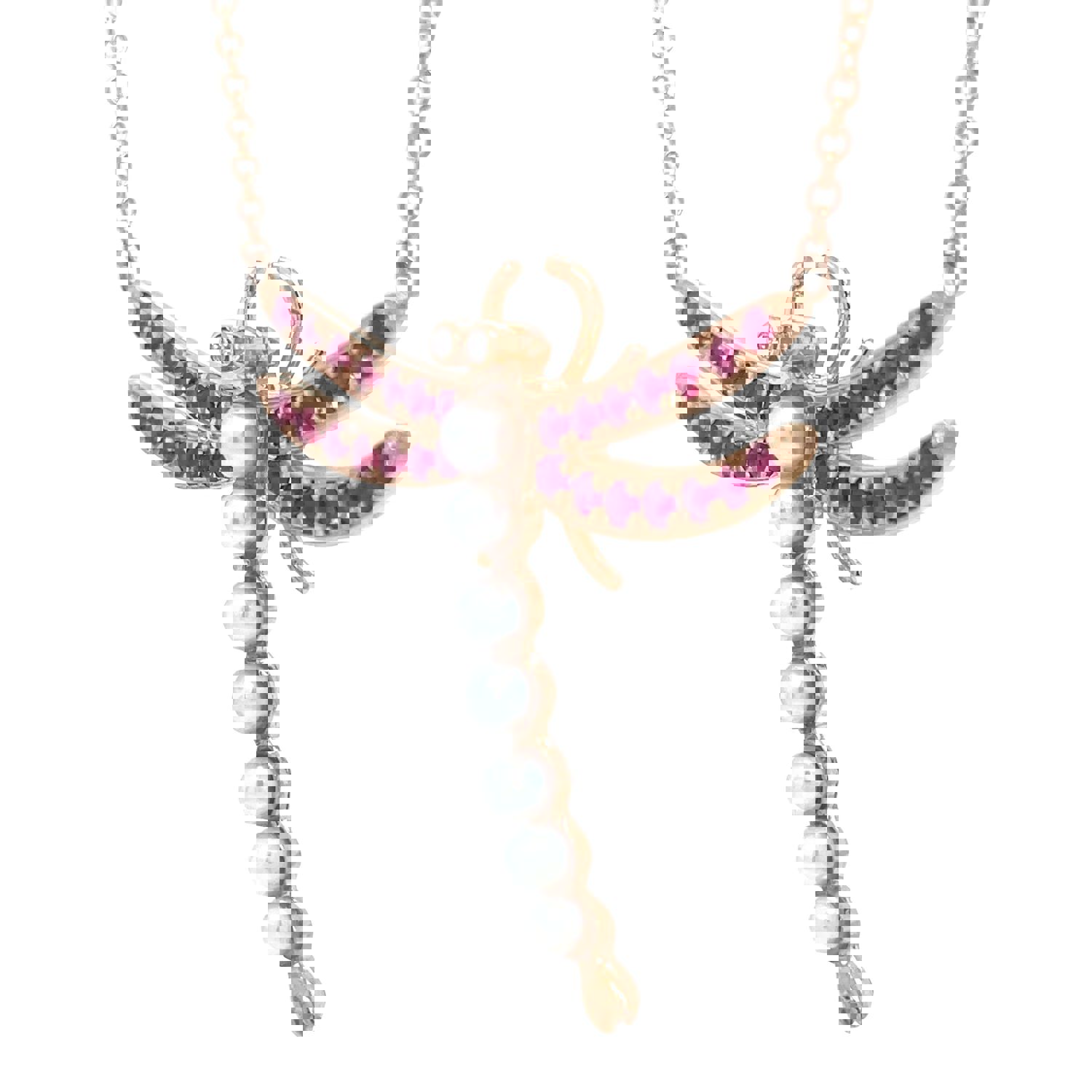 Exquisite Dragonfly Pendant with Rubies and Pearls Necklace