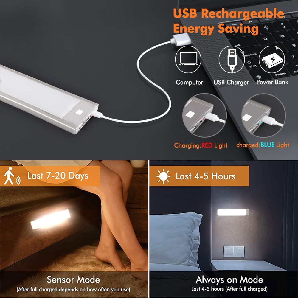 BT09 5V Silver Motion Sensor LED Light, Rechargeable Shelf Light with 1100mAh Battery for Kitchen, Bedroom, and Nursery