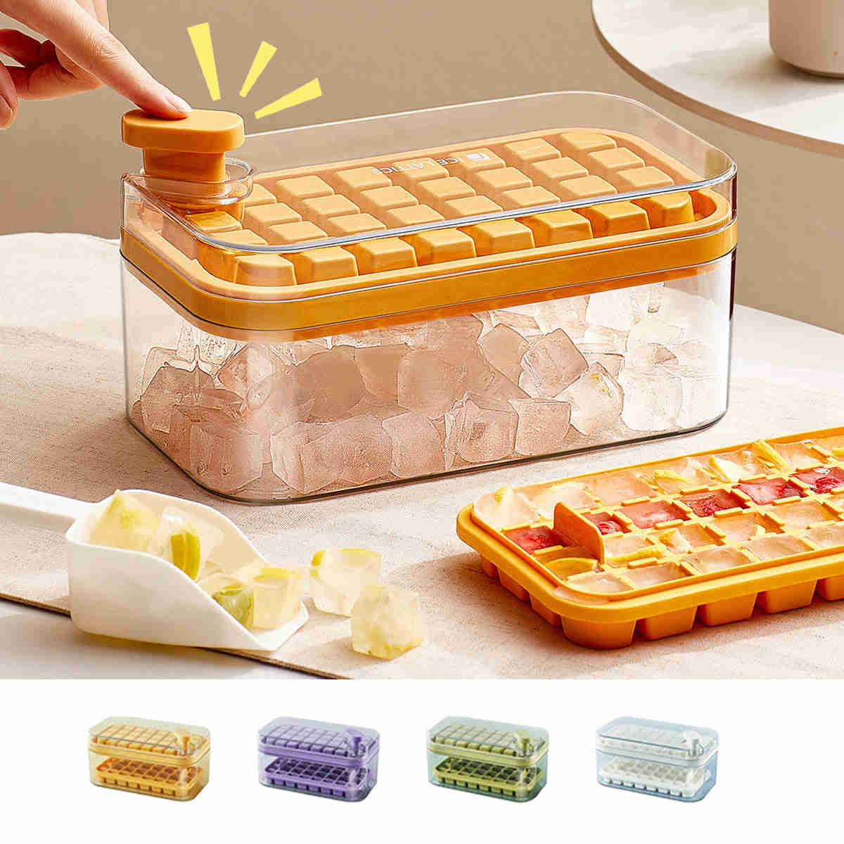 One-Button Ice Cube Maker with Storage Box and Lid