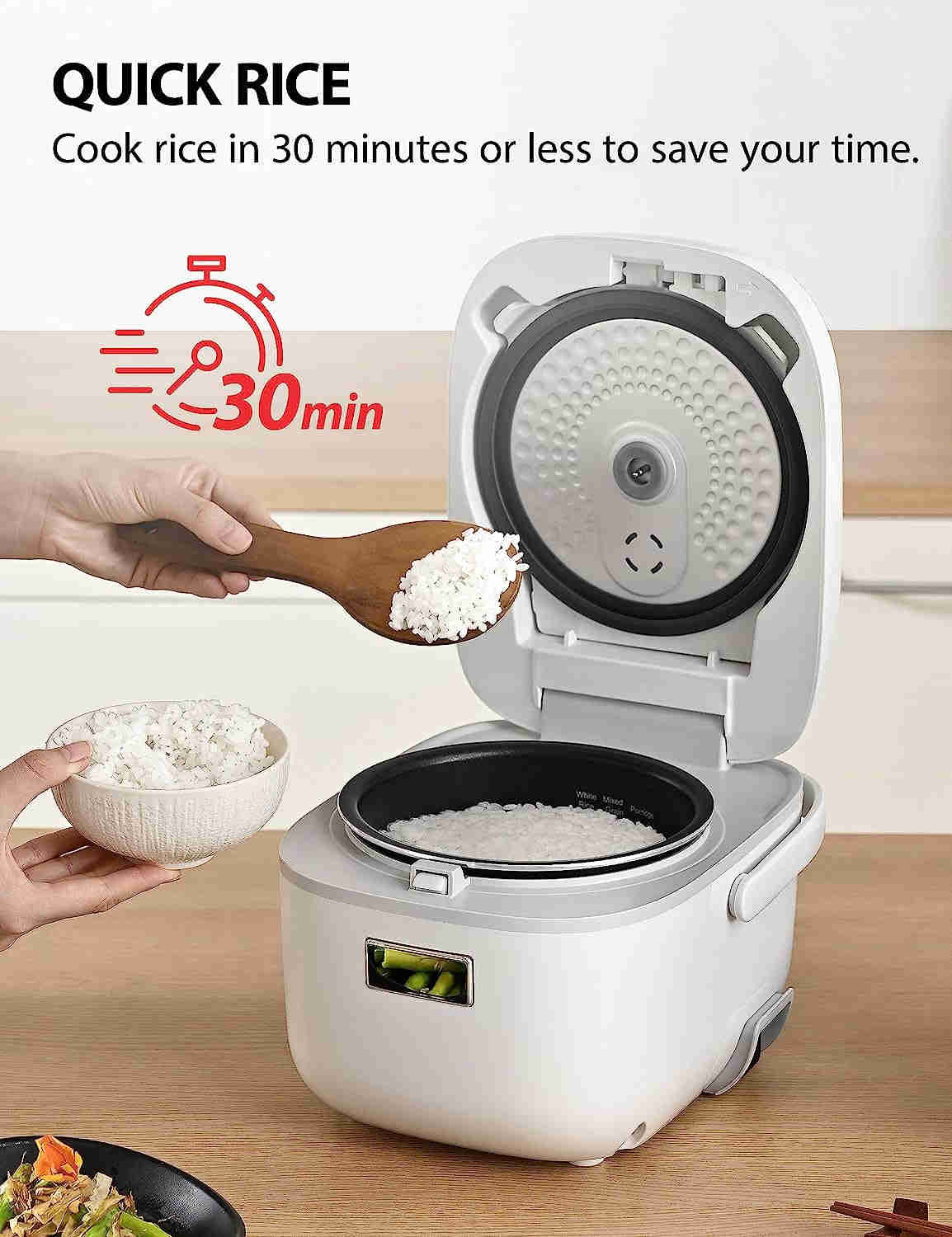 Compact 3-Cup Uncooked Rice Cooker with LCD Display and 8 Cooking Modes