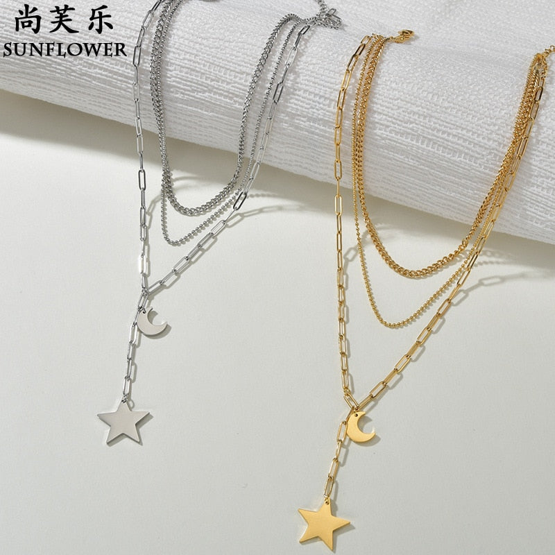 Stylish Women's Stainless Steel Moon & Star Sweater Chain Necklace