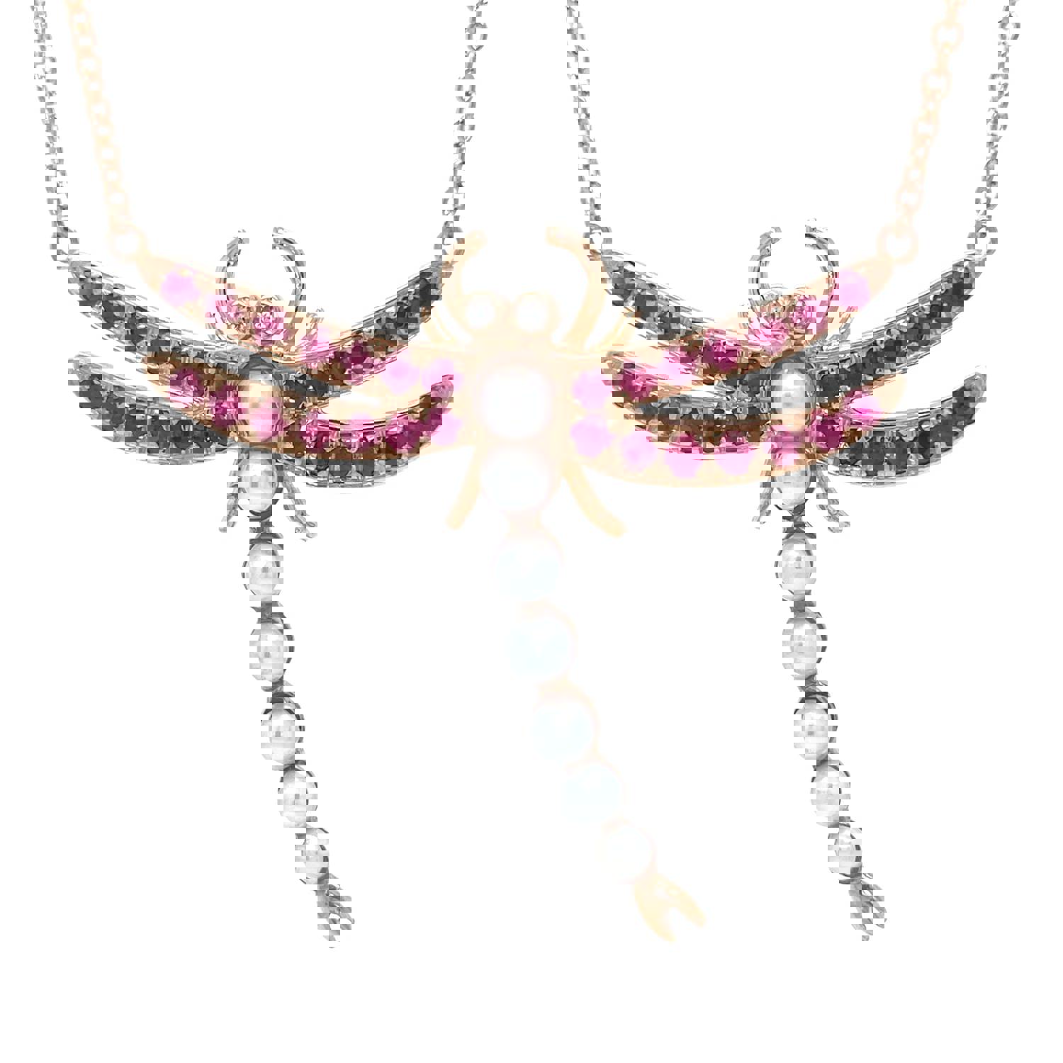 Exquisite Dragonfly Pendant with Rubies and Pearls Necklace