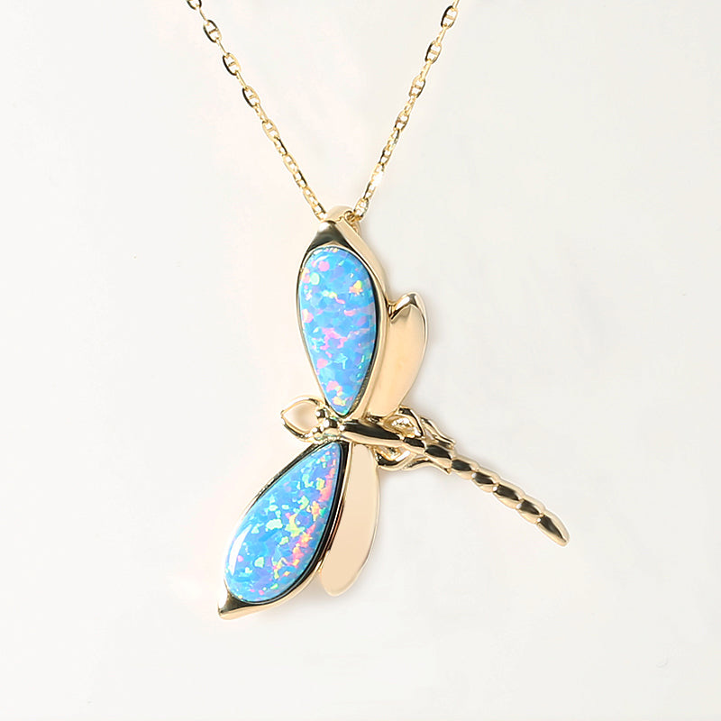 Exquisite 14K Gold Dragonfly Pendant with Blue Opal