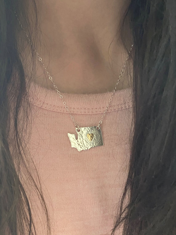Handcrafted Sterling Silver Washington State Pendant with Bronze Heart