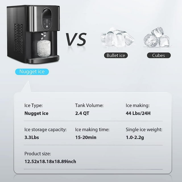 Auseo Compact Nugget Ice Maker, 44 lbs/24H, Self-Cleaning, Easy Operation
