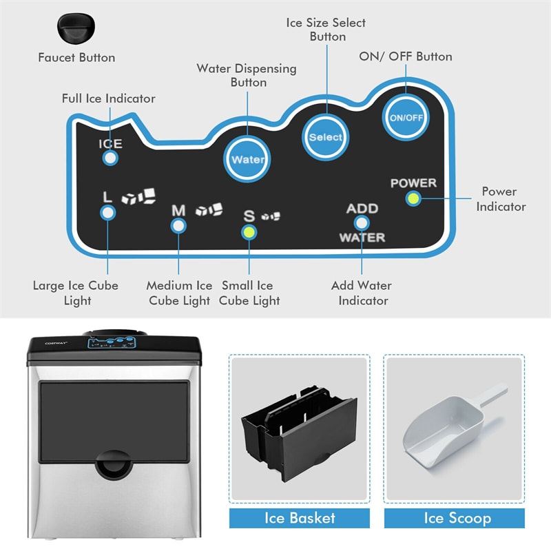 Stainless Steel 48lbs Ice Maker with Built-in Water Dispenser