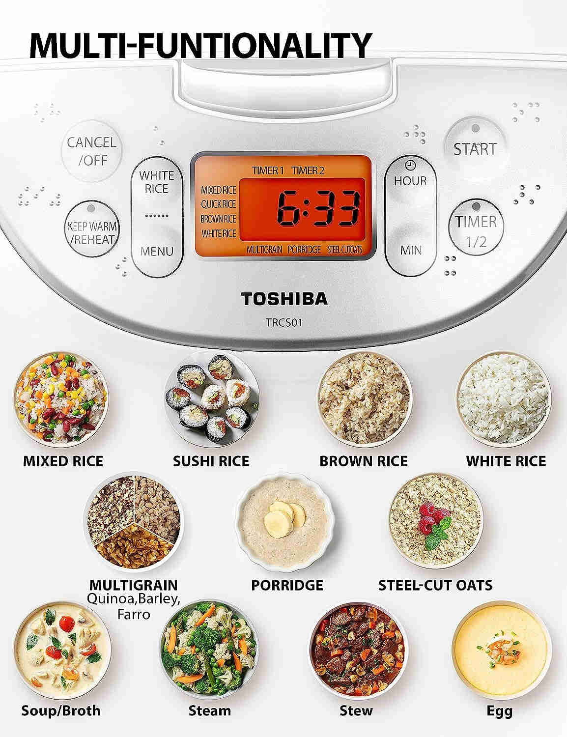 Toshiba 12-Cup Rice Cooker with Fuzzy Logic, 7 Functions, Steamer Basket