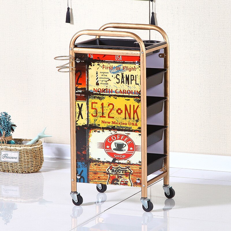Vintage-Style Metal Salon Trolley with Multi-Level Storage