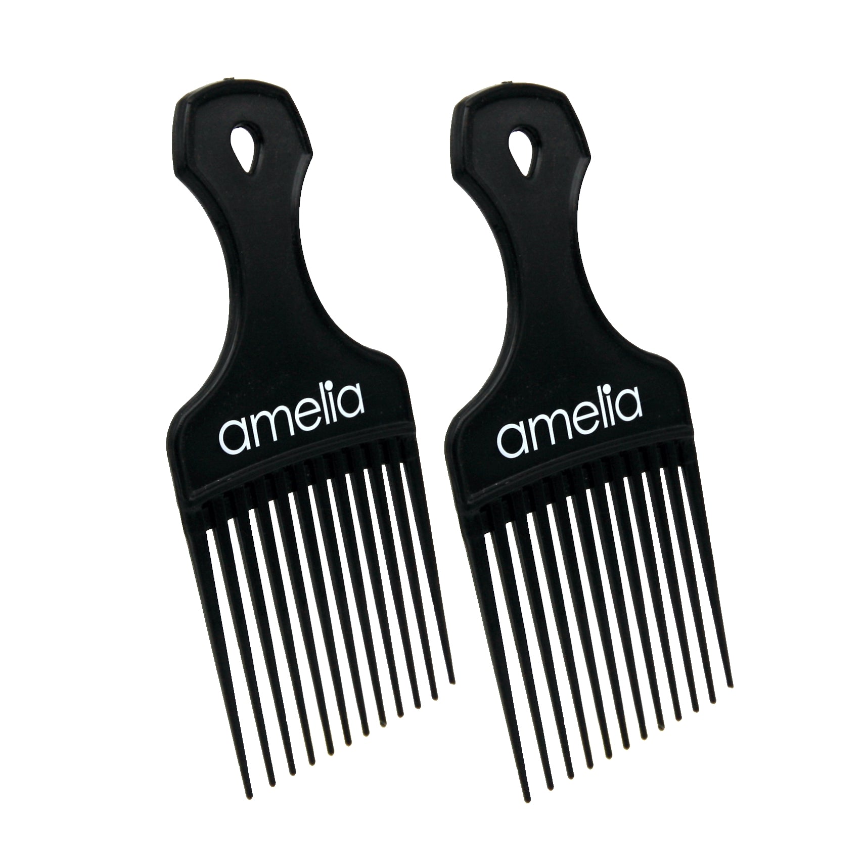 Amelia Beauty 7" Black Wide Tooth Pick Comb, 2-Pack, USA Made, Professional Hair Styling Tool