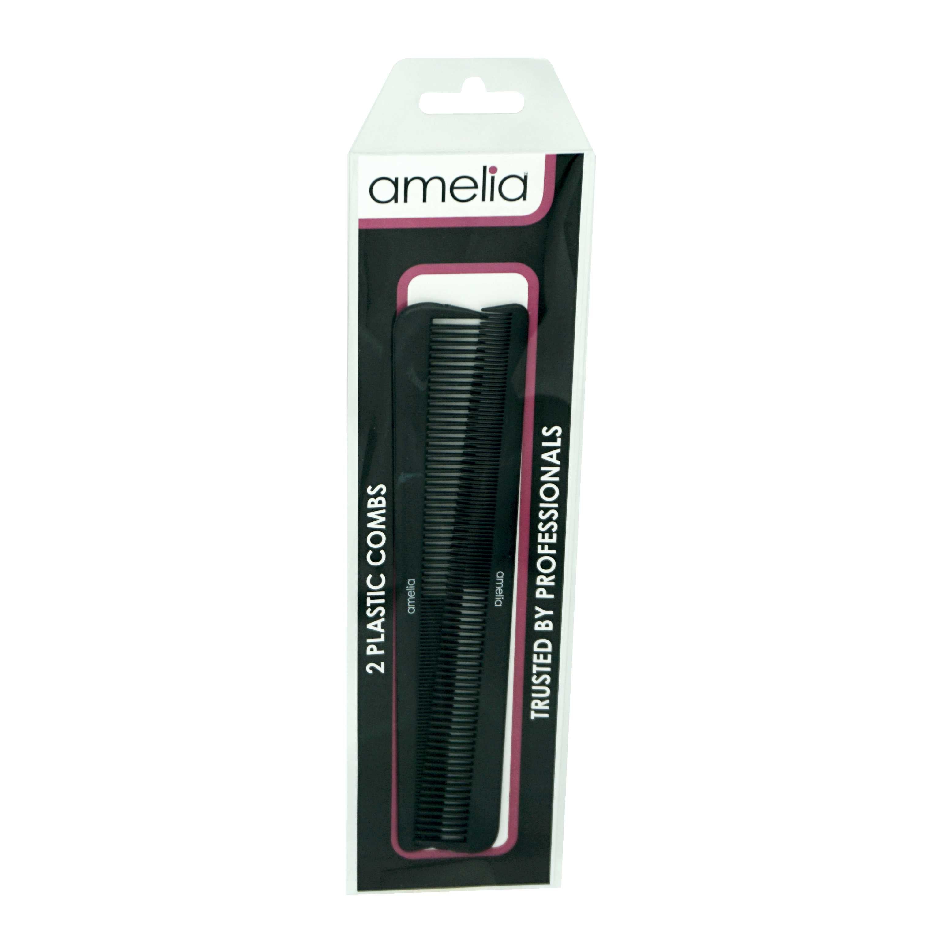 Amelia Beauty 7" Black Plastic Barber Comb, 2-Pack, USA Made, Professional Grade Hair Styling Tool