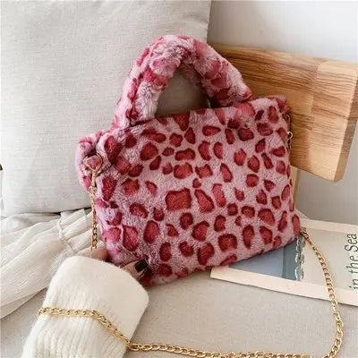 Leopard Print Fur Bag for Women, Large Capacity Crossbody Shoulder Clutch