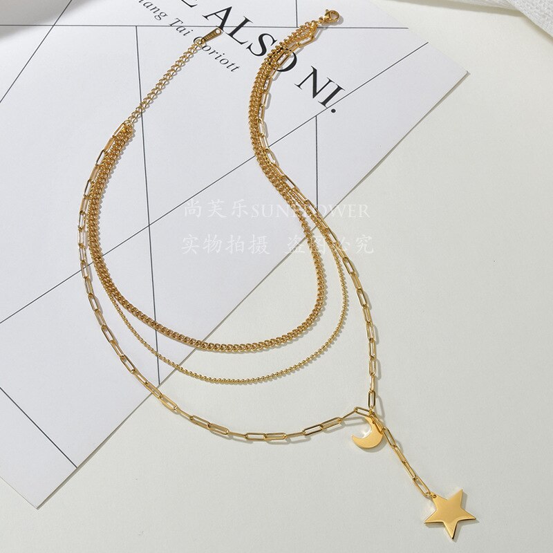 Stylish Women's Stainless Steel Moon & Star Sweater Chain Necklace