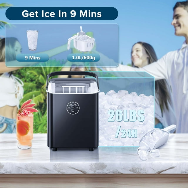 KISSAIR Portable Ice Maker - High-Performance, Self-Cleaning, 26lbs/24H