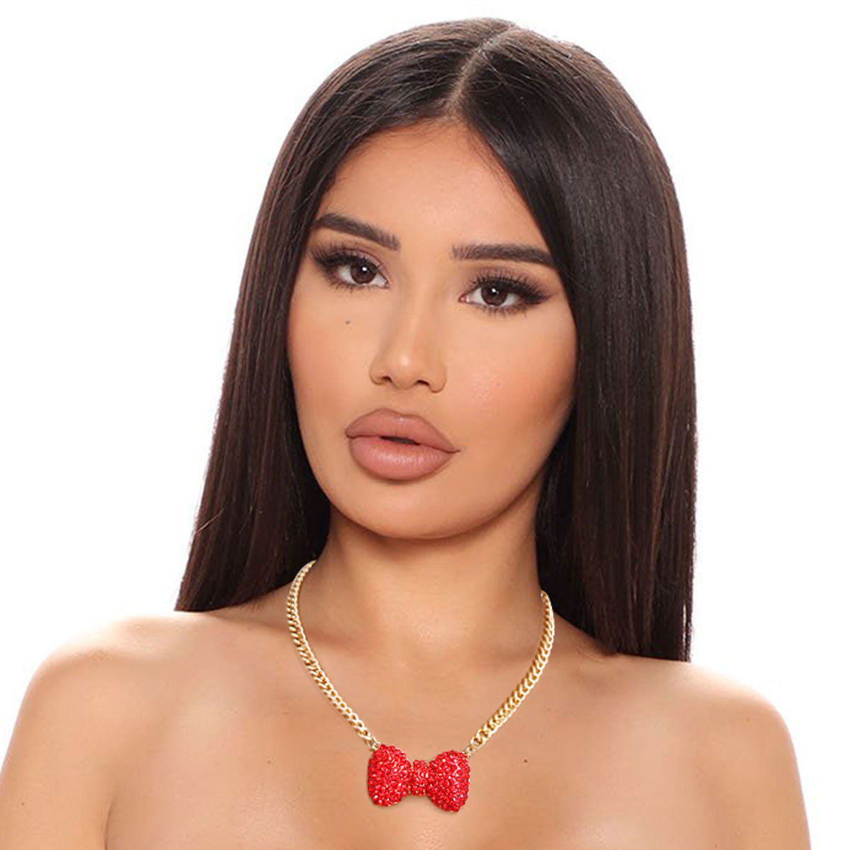 Glamorous Red Bow Pendant Necklace with Gold Chain