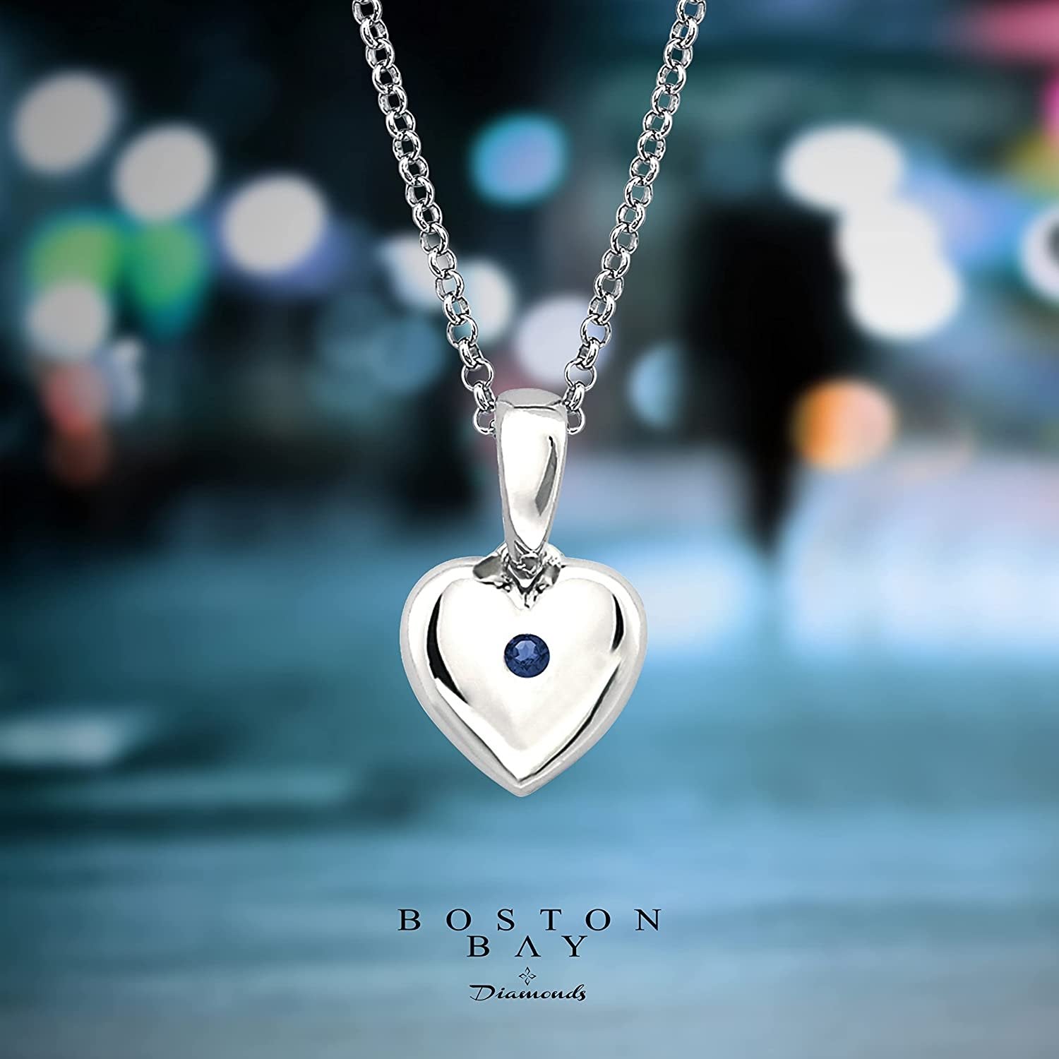 Sterling Silver Heart Pendant with Simulated Blue Sapphire for Girls