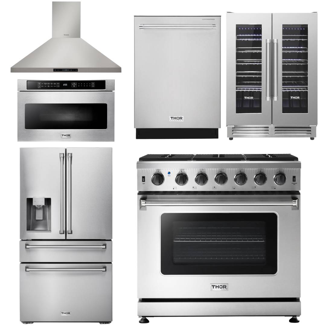 Thor Kitchen 36" Stainless Steel Appliance Package with Propane Range, Hood, Fridge & More