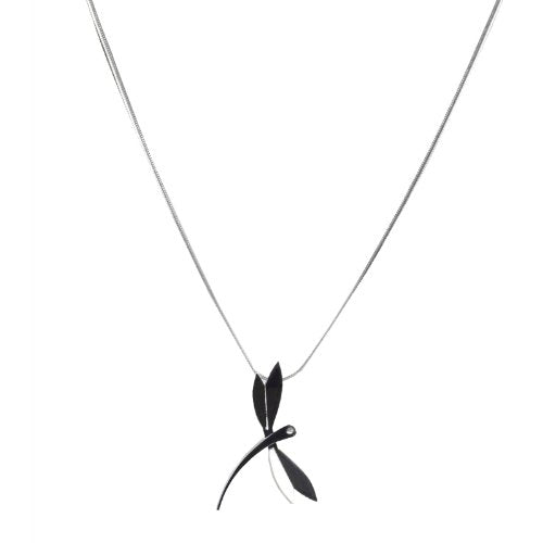 Stainless Steel Dragonfly Pendant Necklace with Clear Cubic Zirconia
